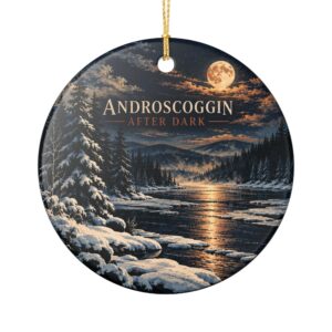 Androscoggin After Dark — First Snow on the River Ceramic Ornament
