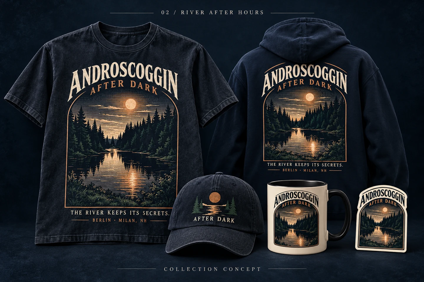 River After Hours collection with midnight river, moon, and forest graphics on apparel and accessories.