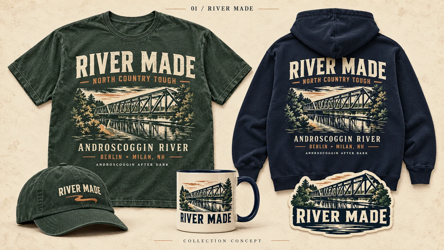 River Made collection with vintage bridge-and-river graphics on apparel, a hat, a mug, and a sticker.