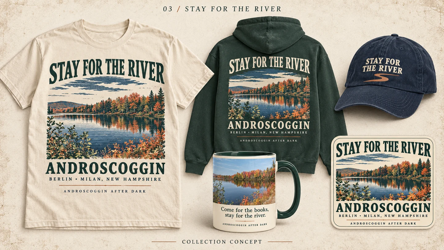 Stay for the River collection with river, mountains, and outdoor artwork across apparel and accessories.